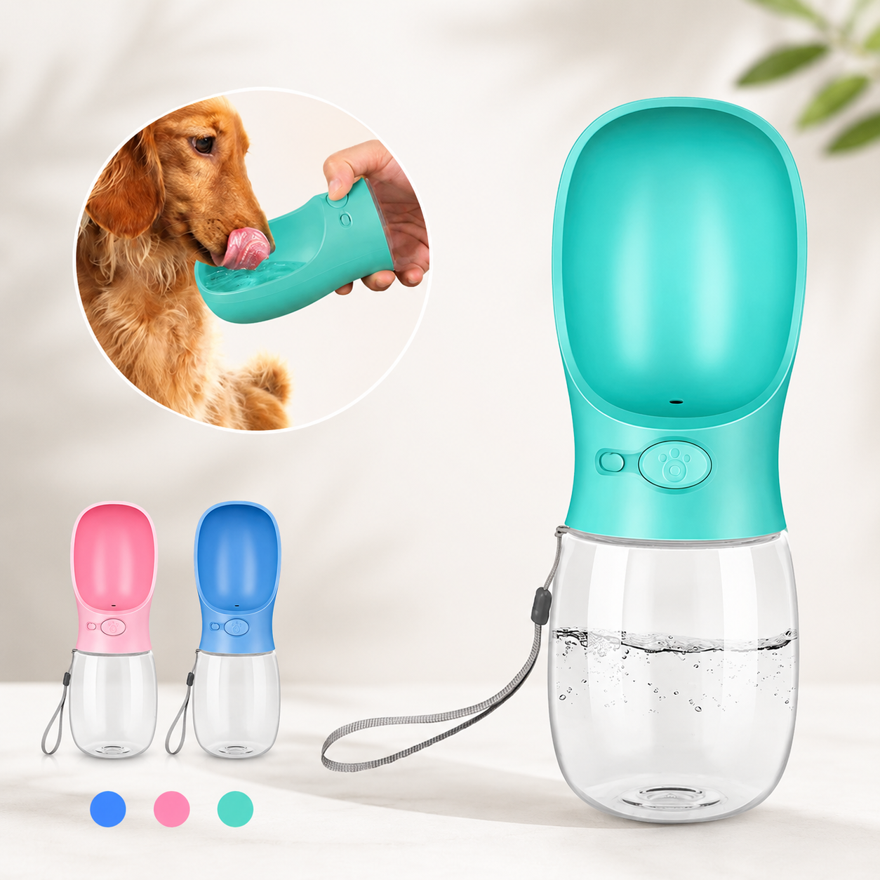 Botella de agua portátil para perros con bebedero integrado